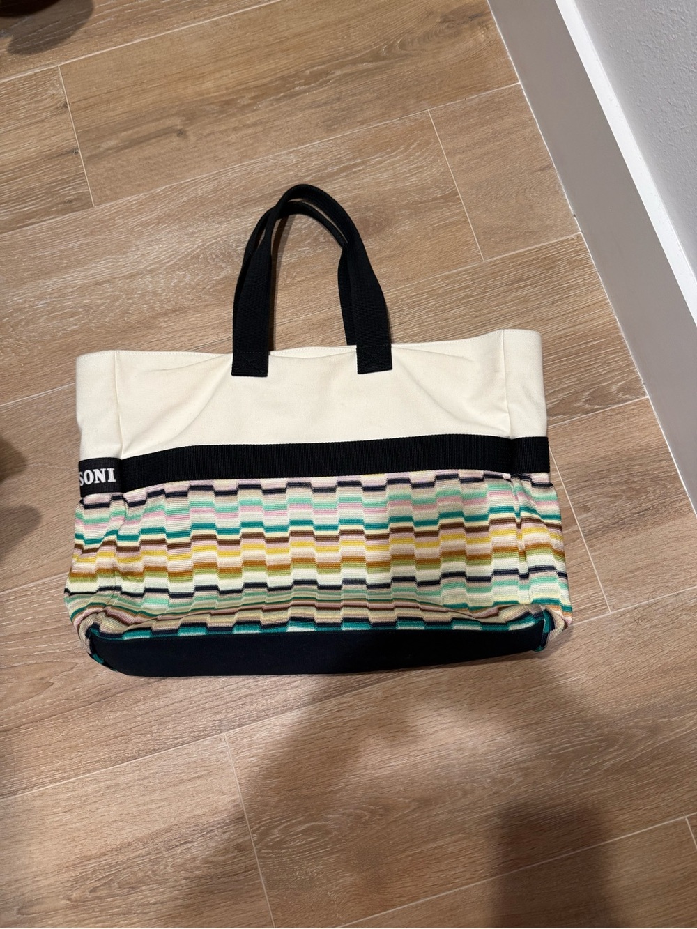 Large Missoni Mare Cream, Black and Multicolor Striped Canvas Beach Tote - Picture 6 of 9